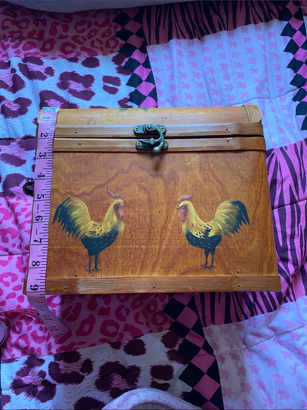 Antique Hand-Painted Rooster Wooden Box